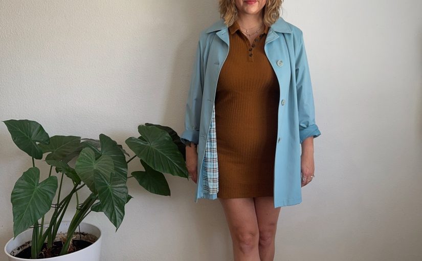 A Blue Trench Coat over a Brown Knit Dress with Red Shoes